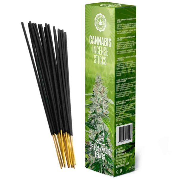 grøn æske med cannabis blomster på som inderholder røgelse af cannabis blad varianten