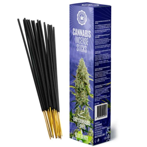 blå æske med med cannabis blomster som indeholder røgelse med cannabis blad og blåbær aroma