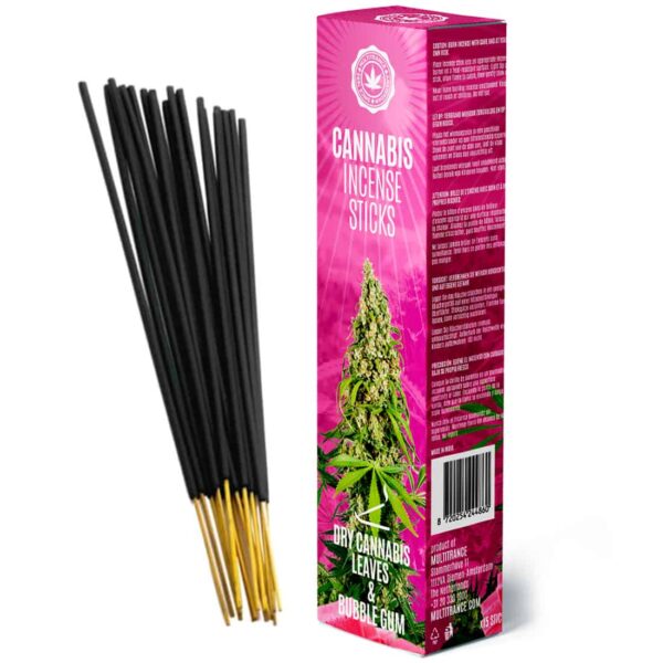 lyserød æske med cannabis blomst printet som indeholder røgelse med aroma af tørrede cannabis blade og bubblegum