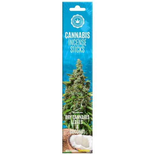 blå æske med cannabis planten printet på som indeholder røgelse af kokosnød og tørrede cannabis blade