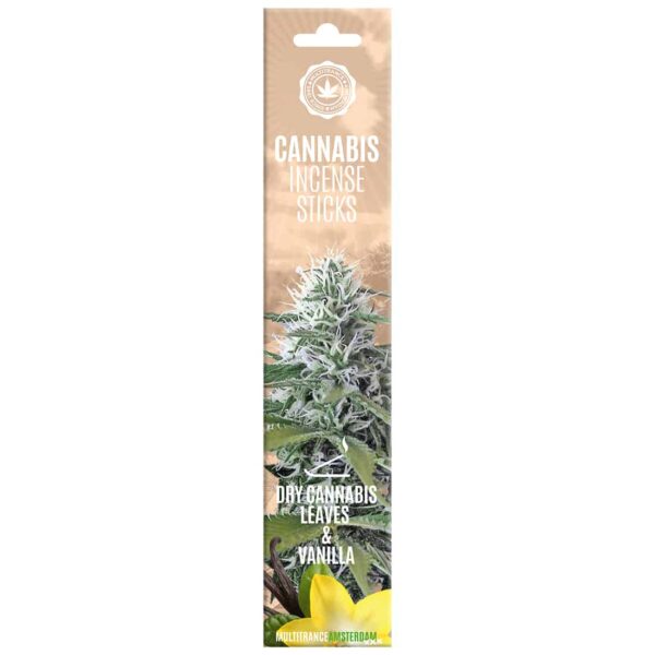 sandfarvet æske medcannabis blomster printet på som indeholder røgelse med aroma af vanilje og cannabis blade