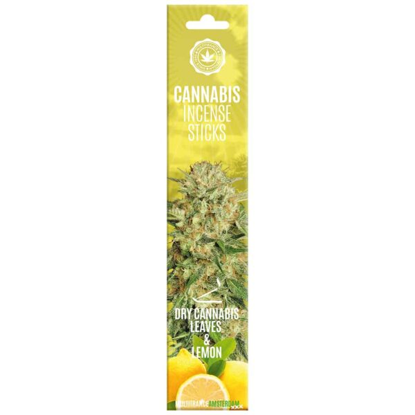 gul kasse med cannabis blomster print på som indeholder røgelse af tørrede cannabis blade og lemon