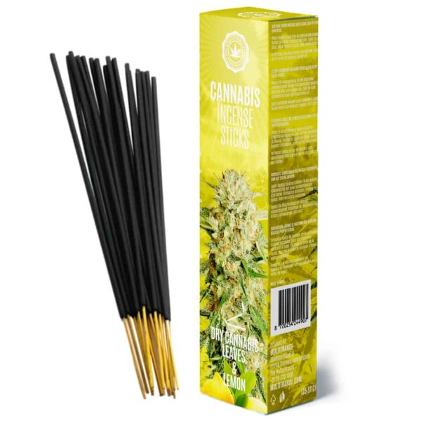 gul kasse med cannabis blomster print på som indeholder røgelse af tørrede cannabis blade og lemon
