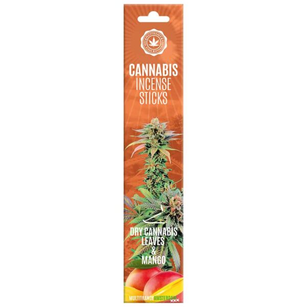 orange æske med røgelse af varianten mango og tørrede cannabis blade